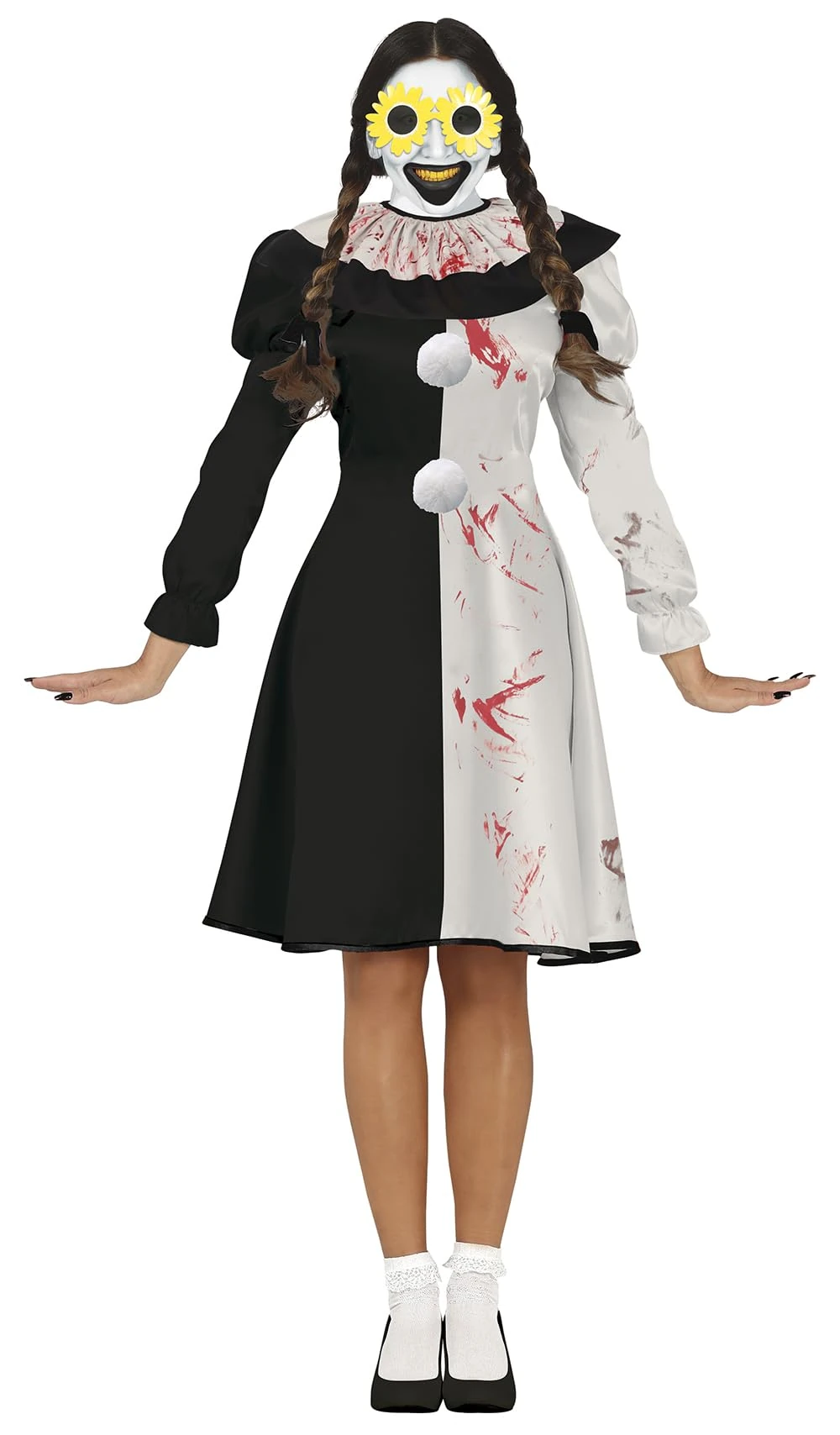 FIESTAS GUIRCA | Terrifying Clown Fancy Dress Costume for Women (10-12/M) - Collar and Jumpsuit - Clown Costumes for Halloween, Carnival and Fancy Dress Parties - Ideal for Adults - Black and White