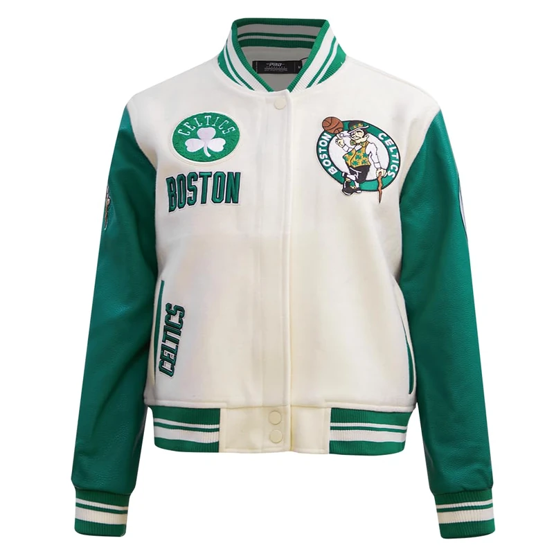 Pro Standard Womens NBA Boston Celtics Retro Classics Varsity Jacket Eggshell/Kelly Green 2XL