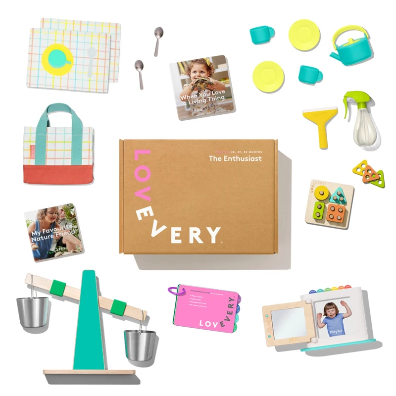 Lovevery, The Enthusiast Play Kit + Bonus Book, Development Toys and Gift, Toys to practice grip and two-handed play, geometric shapes and pretend play, 28-29-30+ Months, Red