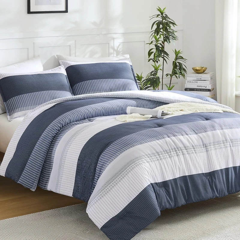 Litanika Full Comforter Set - 3 Pieces Stripe Bedding Comforter Sets