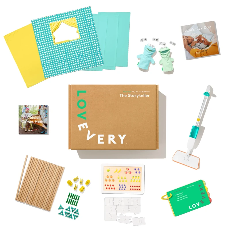 Lovevery, The Storyteller Play Kit + Bonus Book (Adil's Sick Day), Best Gift, 40-41-42+ Months, Wood Tone