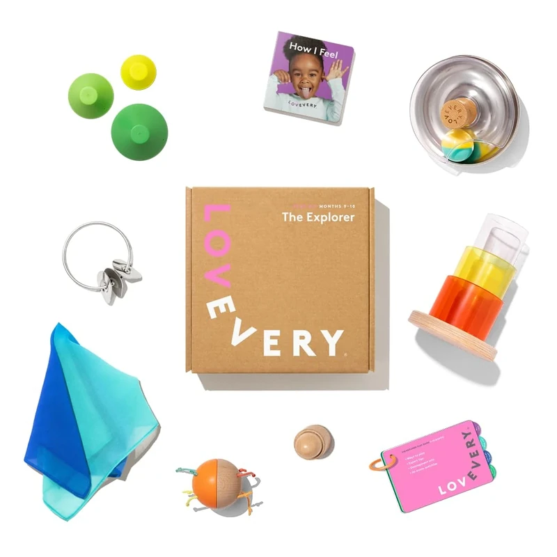 LOVEVERY, The Explorer Play Kit + Bonus Book, Baby Development Toys and Gift, Newborn Essentials Including Montessori Toys for Cause and Effect and pincer Grasp Development, 9-10+ Months
