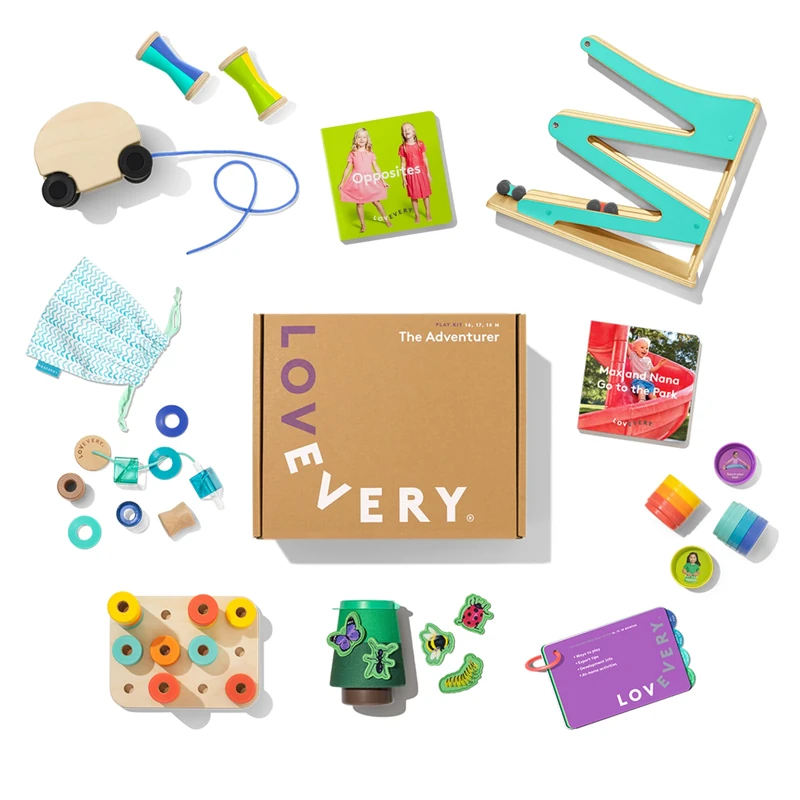 Lovevery, The Adventurer Play Kit + Bonus Book, Development Toddler Toys and Gift, Montessori Toys to explore gravity, motion and build finger strength, 16-17-18+ Months
