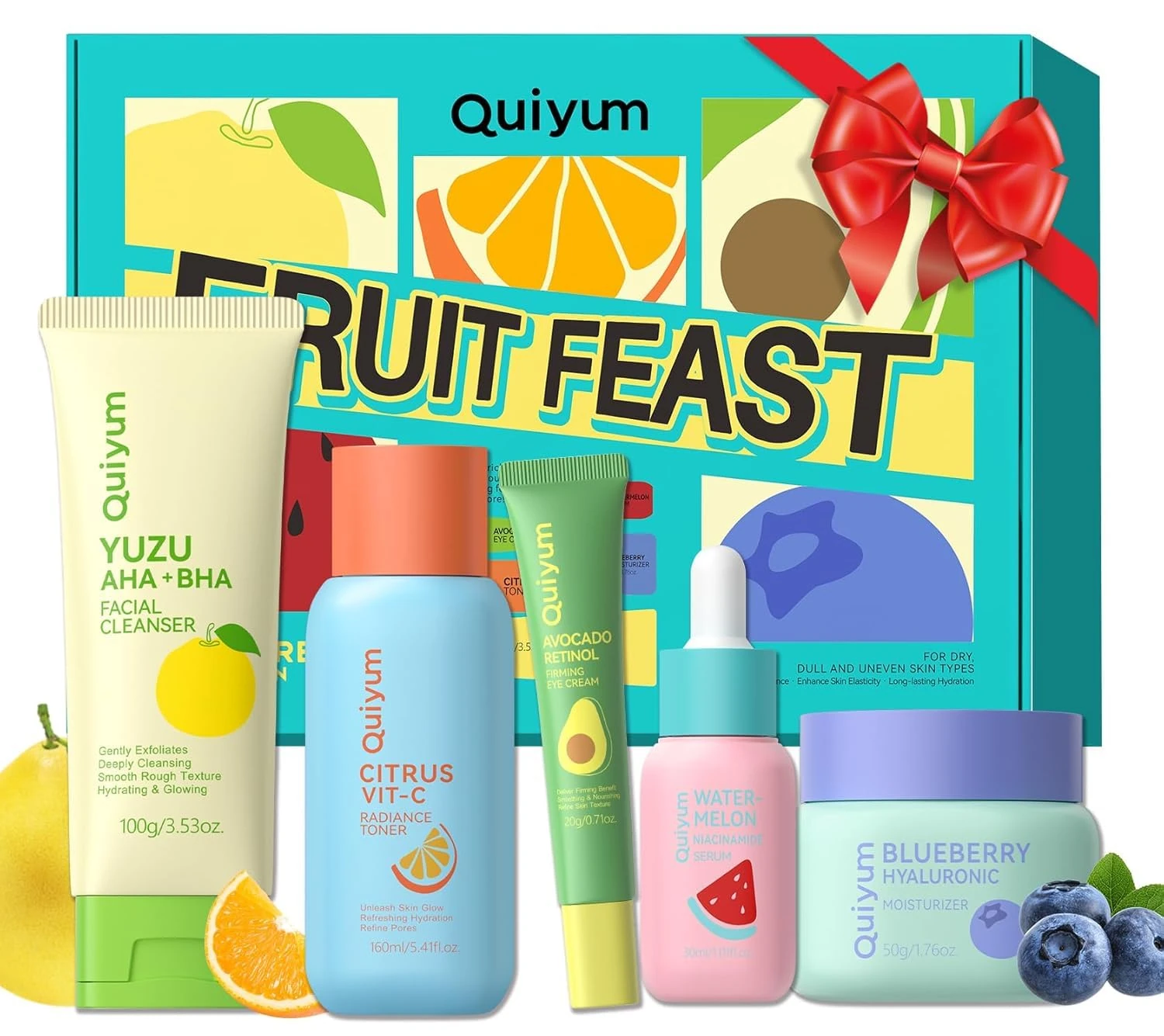 Quiyum Fruit Skincare Set, Face Care Kit for All Skin with Cleanser, Toner, Serum, Eye Cream & Moisturiser, Hydrating, Pore Refining & Radiance Boosting, Travel Pamper Gifts for Women Teenage Girls