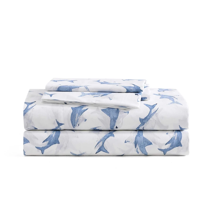 Poppy & Fritz - Queen Sheets, Luxurious Cotton Percale Bedding Set, Crisp & Cool, Super Soft Bed Essentials (Shark Attack Blue, Queen)