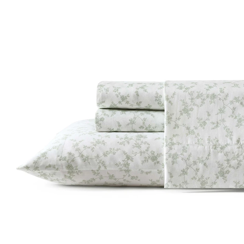 Laura Ashley - Queen Sheets, Soft Sateen Cotton Bedding Set, Sleek, Smooth, & Breathable Room Essentials (Fiona Green, Queen)