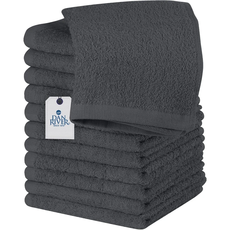 Dan River Washcloths - 12 Pack, 12x12 Inches, 400 GSM, Charcoal, 100% Cotton, Soft & Highly Absorbent Wash Cloths for Face and Body, Perfect for Bathroom, Makeup Removal, and Everyday Use