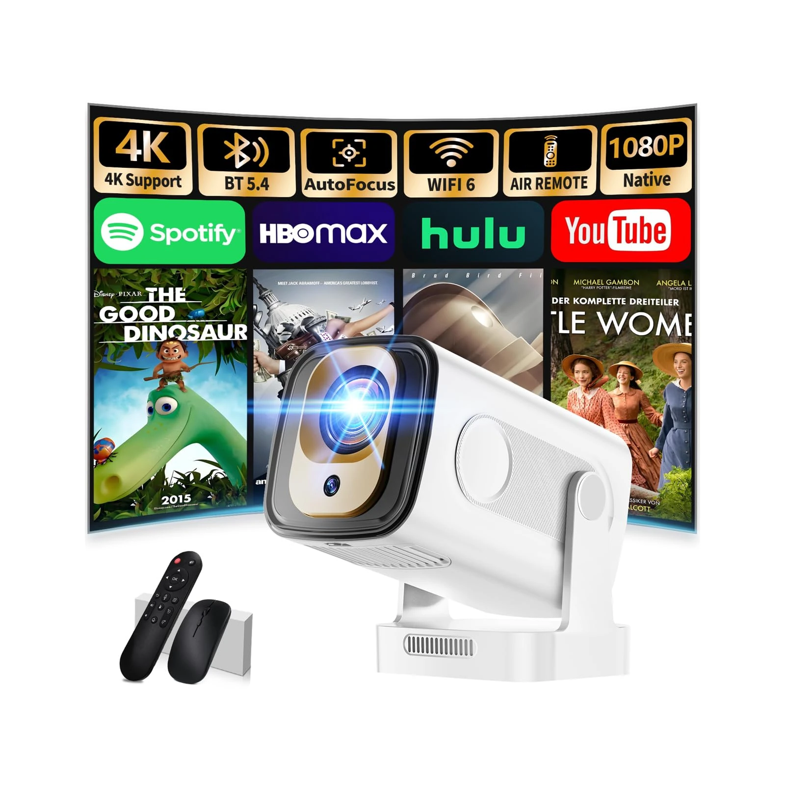 Mini Projector with 1080P 4K Full HD Portable Projector with WiFi 6 and Bluetooth 5.4, Auto Focus Correction for Bedroom, 270° Rotatable, Built-in Apps,for TV Sticks/HDMI/USB/PC/Laptops-White