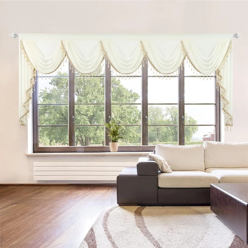 VOGOL Luxury Waterfall Valance Curtains, Semi Sheer Decorative Swag Curtain for Living Room, 138 Inches Wide Vintage Beaded Panels for Bay Windows, 1 Panel, Beige