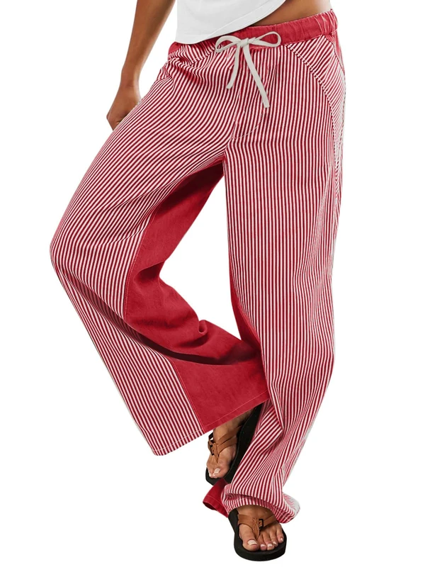 PEIHOT Low Rise Striped Pants for Women Pull On Drawstring Boho Wide Leg Jeans Trendy 2025, Red, S