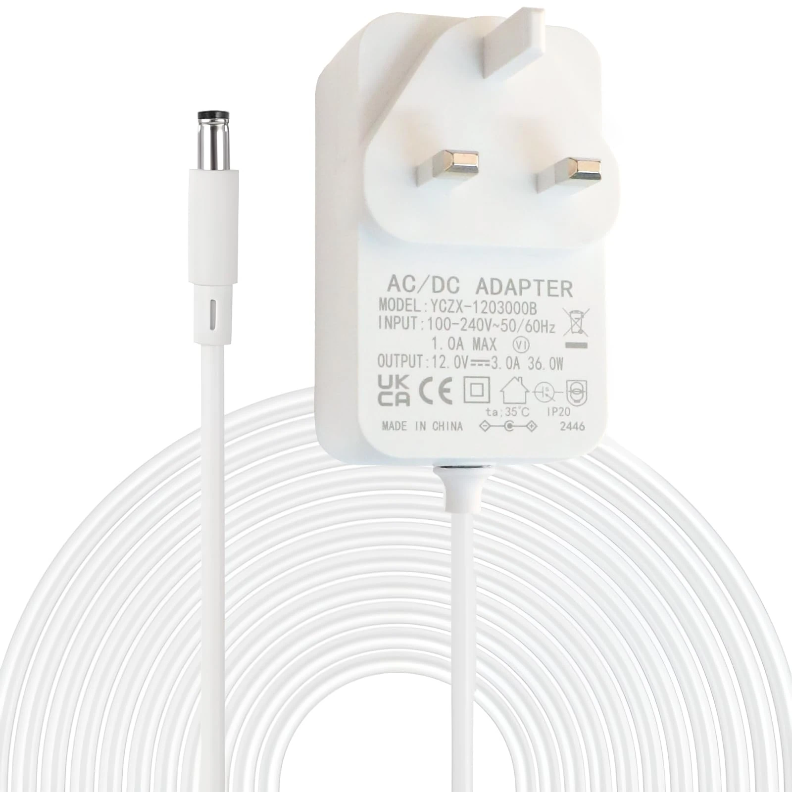 Wirafix 12V 3A Power Supply Adapter, AC/DC Adapter 100-240V 50/60Hz with 1.2 M Cable, 5.5mm x 2.1mm Openreach Power Cable for LED Strips/Security Camera Monitor/Wireless Routers/WIFI IP/Audio, White