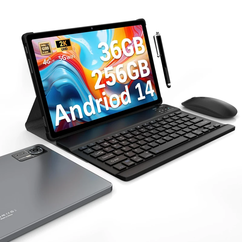 DEEMWOLF 11 Inch Android 14 Tablet, 4G LTE+5G WiFi 2 in 1, 36GB RAM+256GB ROM (TF 1TB), 1920 * 1200 FHD INCELL, 8000mAh, 13MP+8MP, with Keyboard,Mouse (Grey)