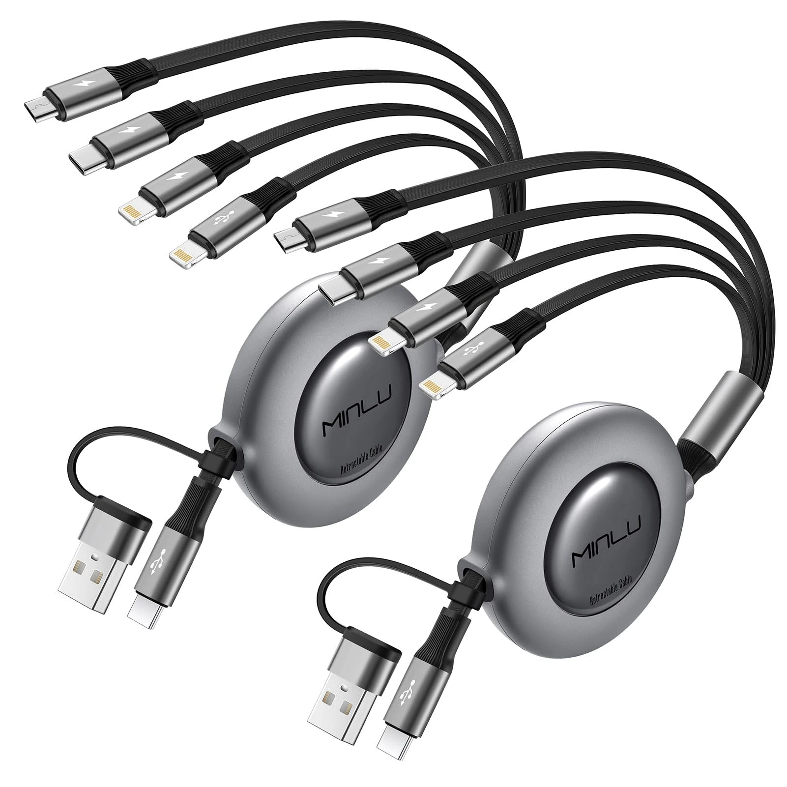 Minlu Multi Charger Cable, 6 IN 1 Retractable Charging Cable [2Pack 1.2M] USB Charging Cable with Lightning/Type-C/Micro, Retractable USB Cable for iPhone 17 16 15 14 13 12/Samsung/Huawei/Sony/Tablet