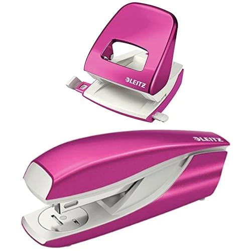 Leitz Metallic Pink Hole Punch & Stapler, 30 Sheet Capacity, Metal Body, WOW Range includes staples 50081023 & 55022023
