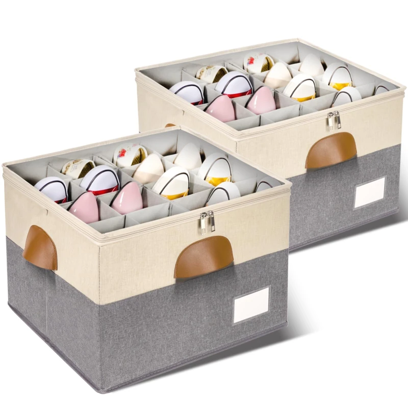 JHHBHV 2 Pack Shoe Organizer for Closet, Adjustable Shoe Box Storage Containers, Large Foldable Shoe Bins with Clear Cover, Space Saving Shoes Holder with 4 Handles, Fits 8-16 Pairs, Beige - Image 1
