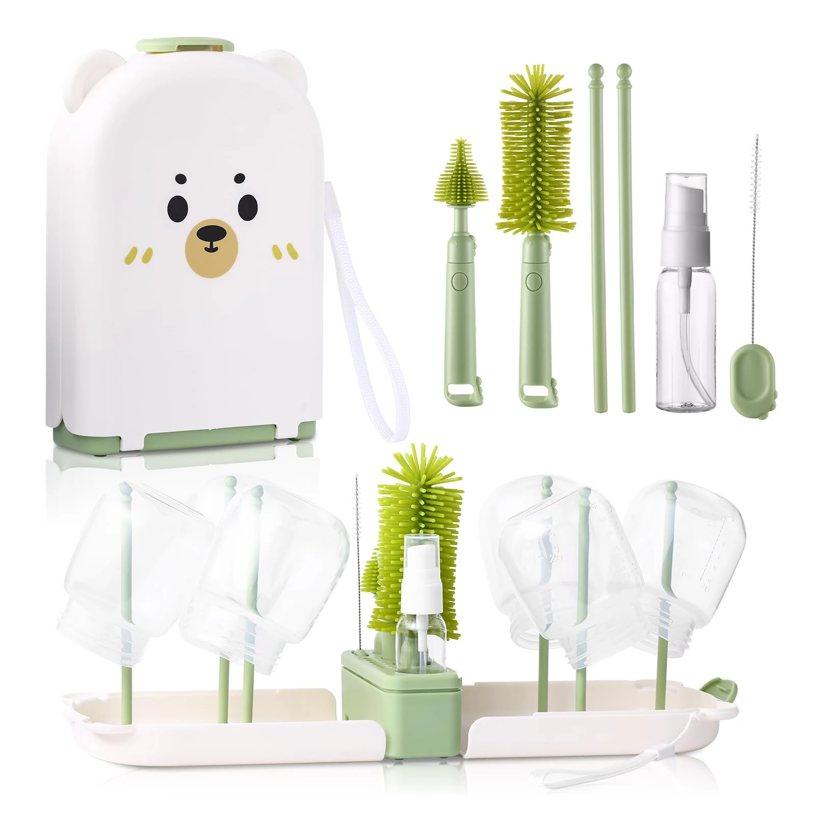 Hranio Baby Bottle Brushes for Cleaning Baby Bottle Cleaner Brush Travel Steriliser for Baby Travel Essentials with Silicone Bottle/Nipple/Straw Brush Soap Dispenser Drying Rack for Baby Travel