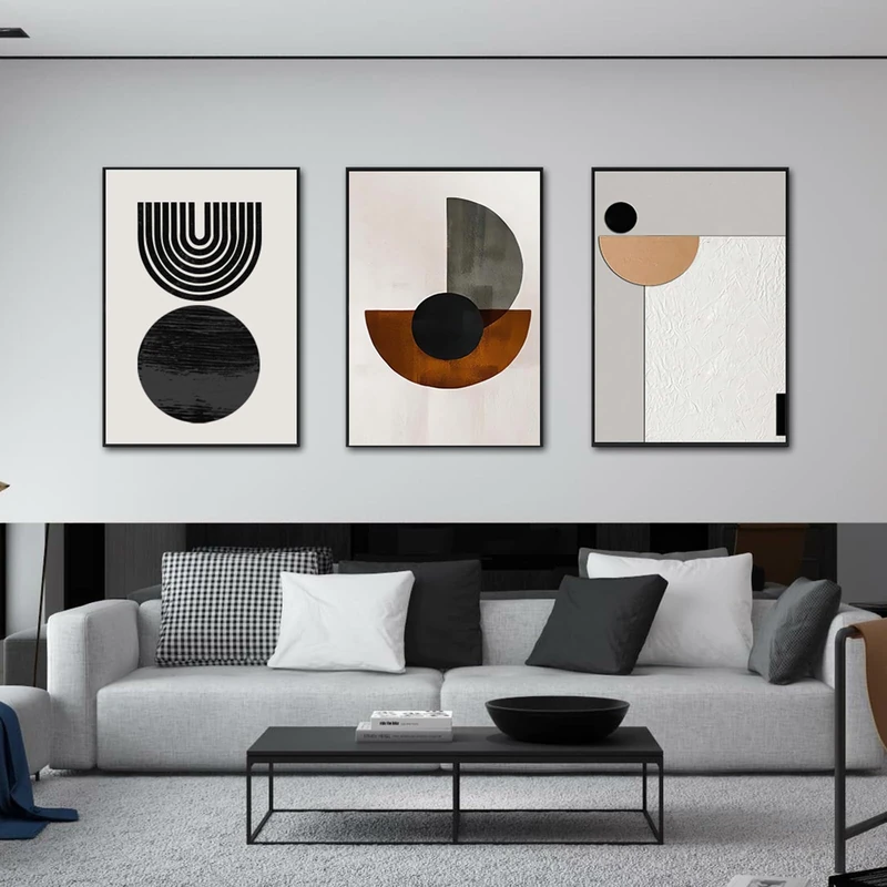 QKF Modern Abstract Geometric Framed Canvas Wall Art Set, Large Black & Cream Gallery-Wrapped Decor for Living Room - 20"x28"x3 PiecesModern Abstract Geometric Wall Art Set, 3 Piece Framed Canvas