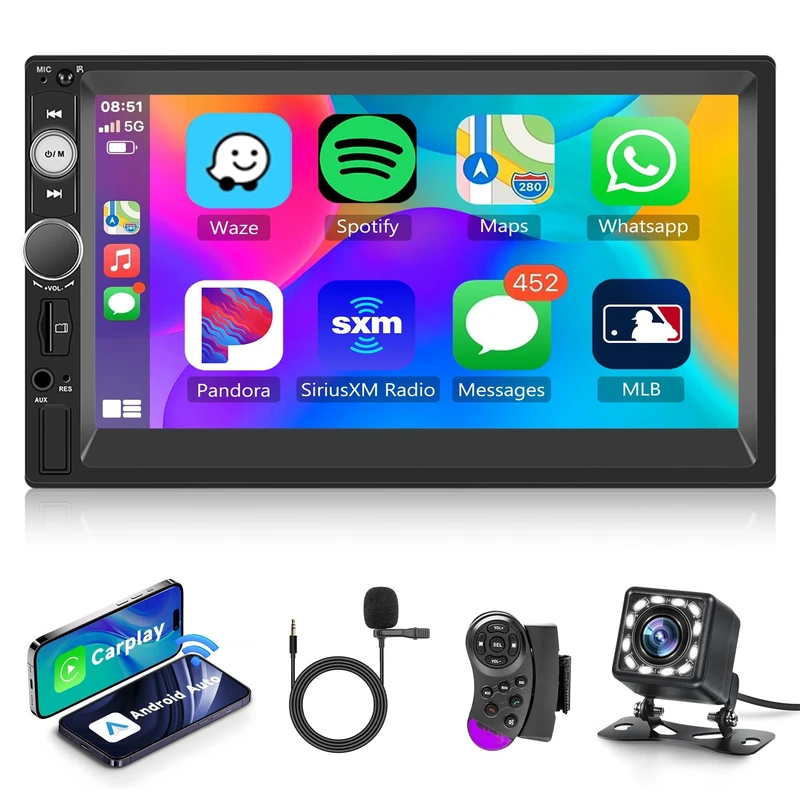 Rimoody Wireless Carplay Double Din Car Stereo, 7 Inch Touchscreen 2 Din Car Radio Head Unit with Android Auto Mirror Link, Bluetooth, FM, EQ SWC/USB/TF/AUX/UI Remote Control + Backup Camera