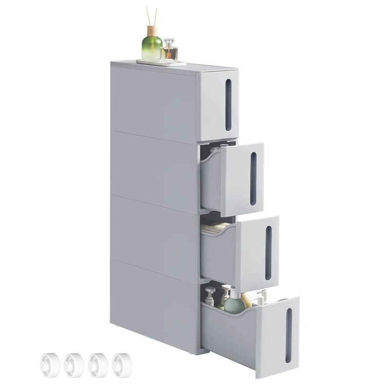 SONGMICS Narrow Storage Tower on Wheels, Trolley with 4 Drawers, 17.3 cm Wide, Slim Bathroom Drawers, Kitchen Storage Cabinet, PP Plastic, Space-Saving, 45.2 x 17.3 x 84 cm, Gray KFR008G02