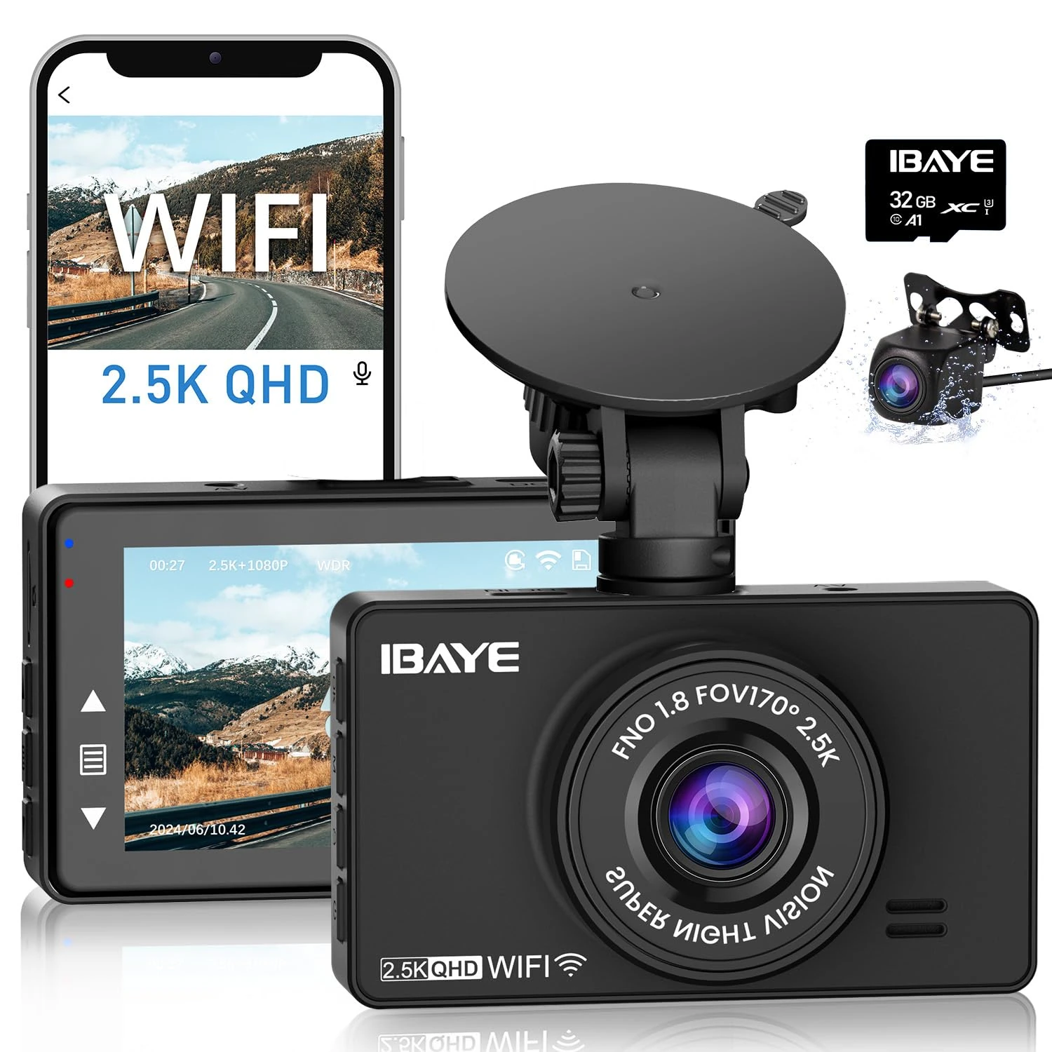 IBAYE Dashcam, Dash Cam Front and Rear Camera 2.5K QHD, Car Camera Dash Cam with Free 32GB SD Card, Support WiFi/APP Control, Super Night Vision, G-sensor, Loop Recording, Support 128GB Max