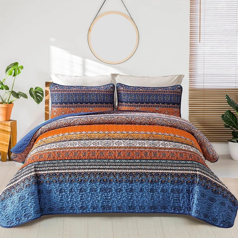 WONGS BEDDING Boho Quilt Set California King, Blue and Orange Bohemian Queen Summer Quilt Bedding Set, Lightweight Microfiber Bed Decor Bedspread for All Season 106"x96"(3 Pieces)