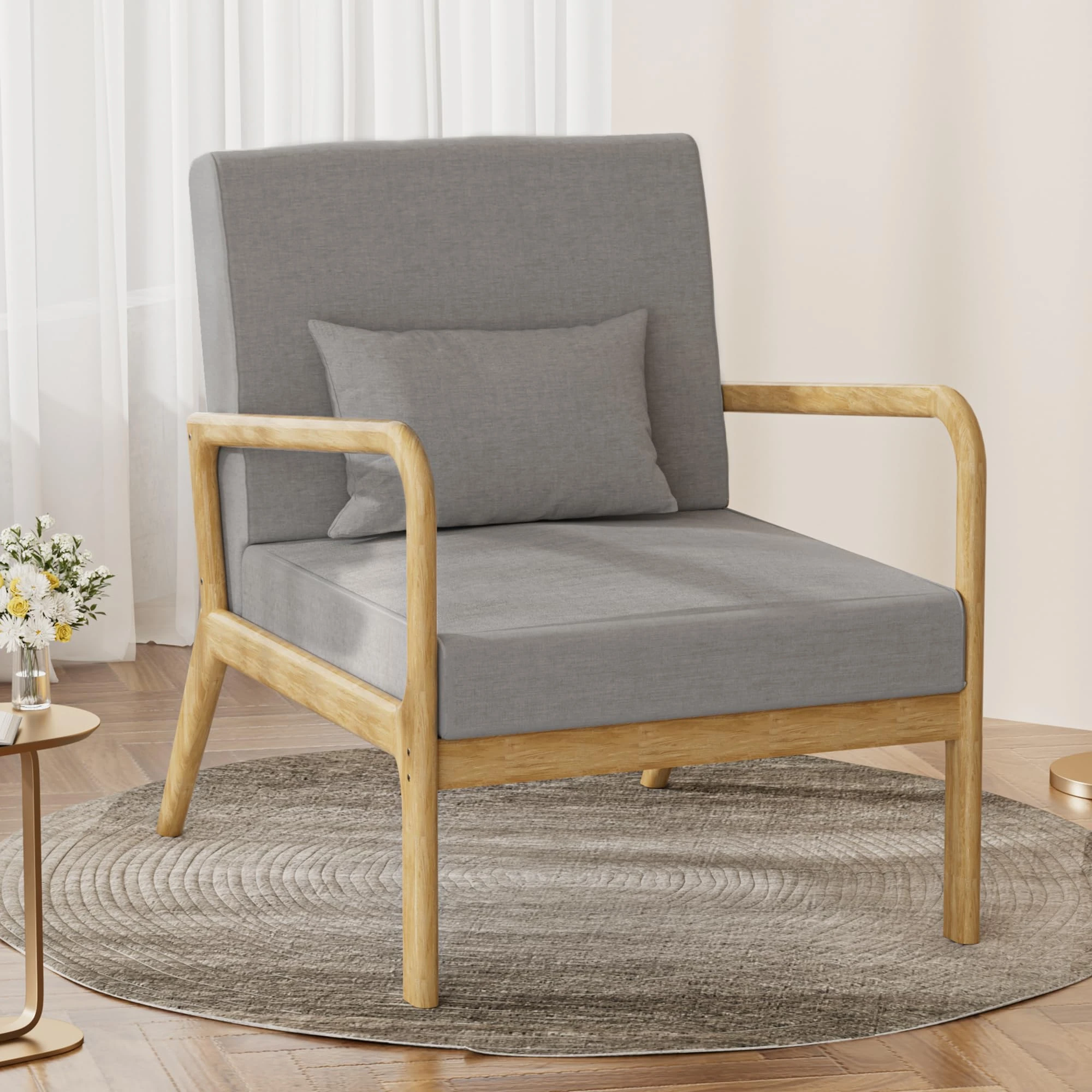 FiveWillowise Armchair for Living Room, Wide Seat Accent Chair with Lumbar Pillow, Retro Lounge Arm Sofa with Thick Cushion and Rubber Wood Frames for Modern Home