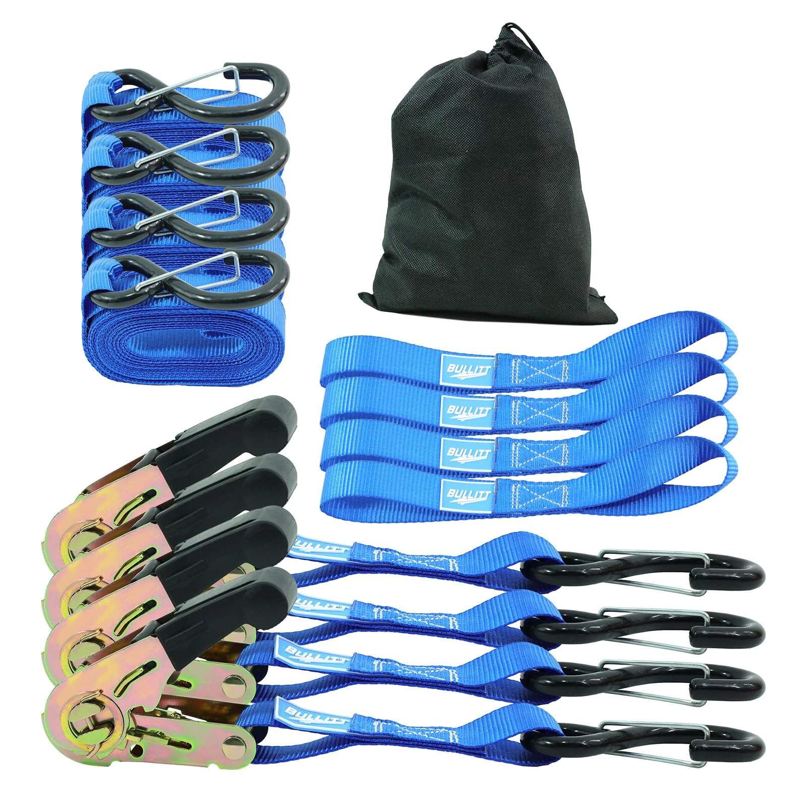 BULLITT 4Pk Ratchet Tie Down Straps Set with 750KG Break Strength,4x 25MM*4.57M Adjustable Ratchet Straps with S Hooks Iron Handles+4x 26.4CM Soft loops for Motorcycles/Cargo/Car Roof/Household-Blue