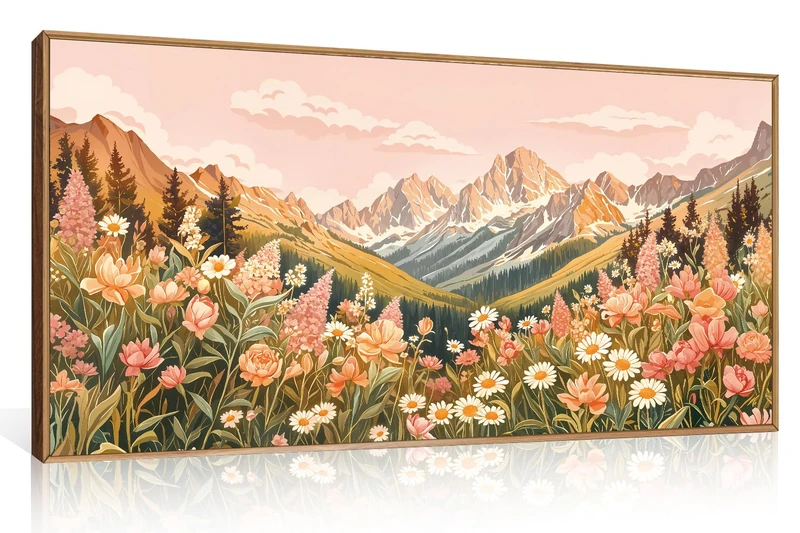 LHIUEM Large Abstract Colorful Mountain Framed Canvas Wall Art,Boho Pink Flower Wall Decor, Nature Wildflower Wall Painting,Bohemian Artwork for Living Room,Bedroom,Dining Room,Office -20"x40"x1