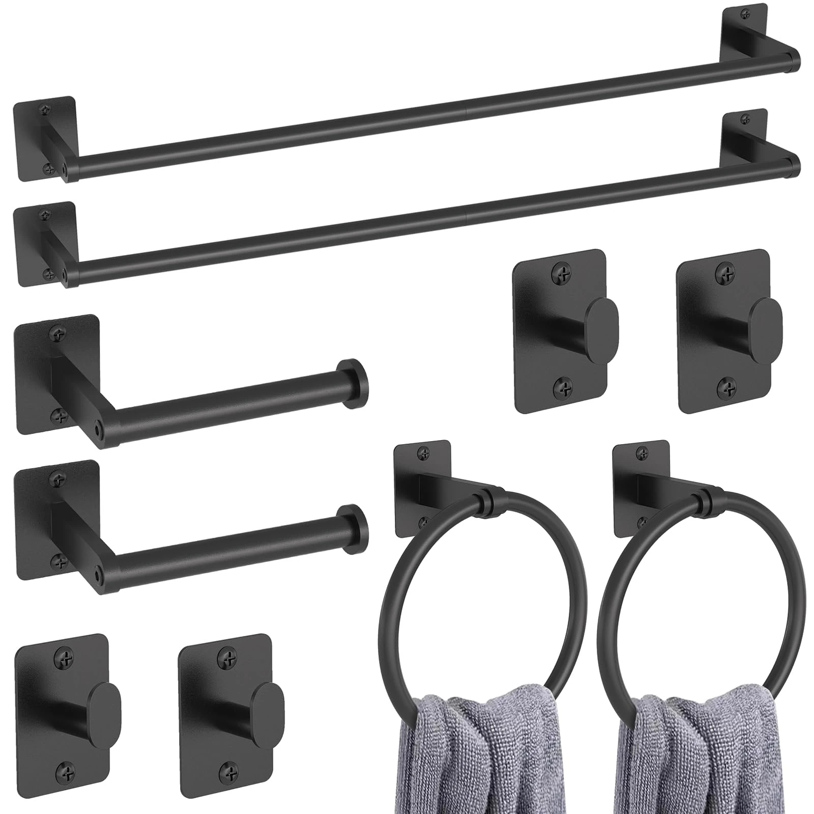 Toilet Roll Holder and Towel Rail Set, Gypie 10 Pieces Black Bathroom Accessories Set, Metal Bathroom Hardware Set Includes 24″ Black Towel Rail, Toilet Roll Holder, Towel Ring, and Wall Hooks
