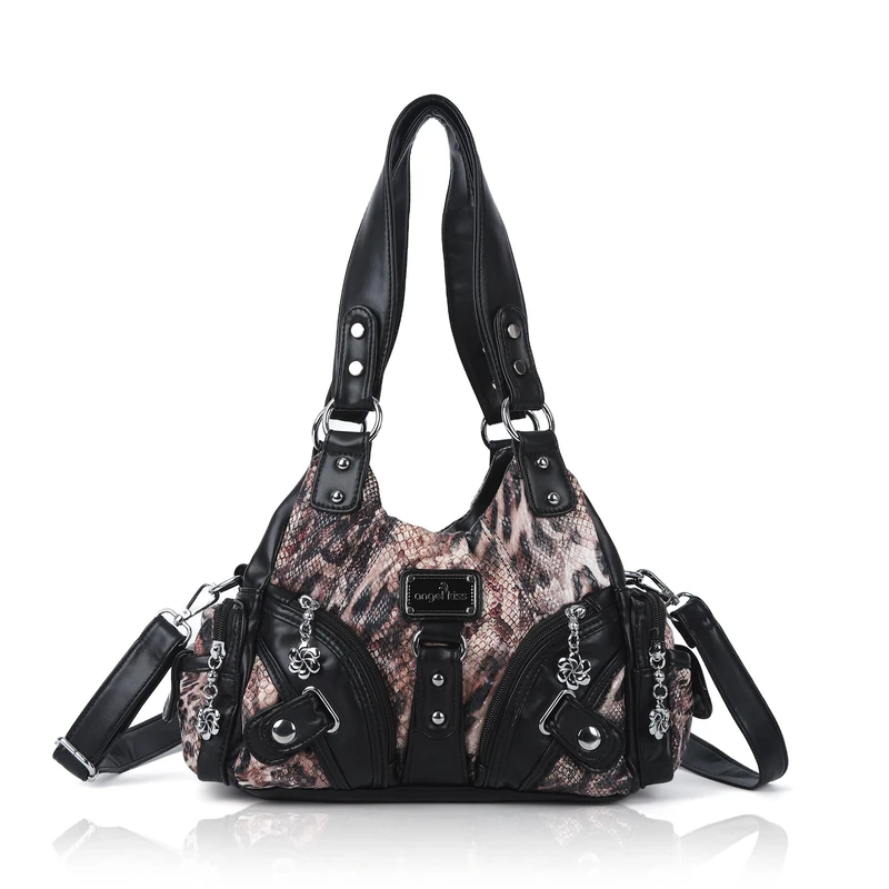 Angel Kiss Purses for Women Small Hobo Shoulder Bags Vagen Leather Multi-Pocket Tote Bag with Zipper, Leopad Black/Brown