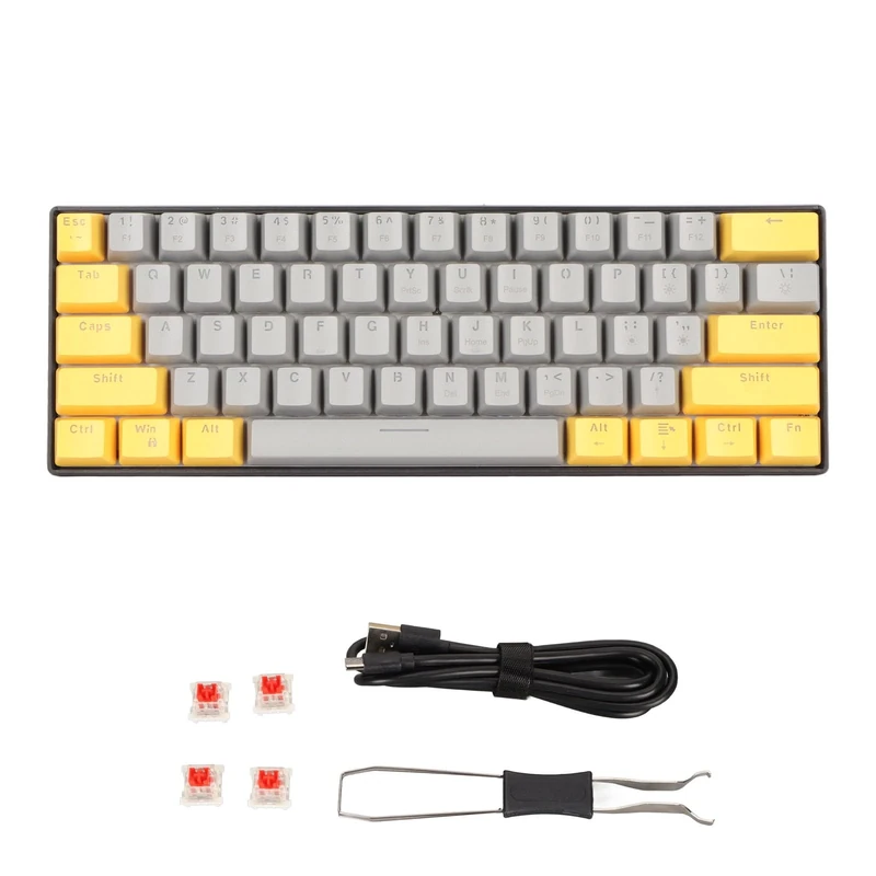 NutriEss 60 Percent Mechanical Gaming Keyboard 61 Key Blue Switch LED Backlit Compact Design for w in dows PC Laptop Gaming (Yellow Gray Surface Red Switch)