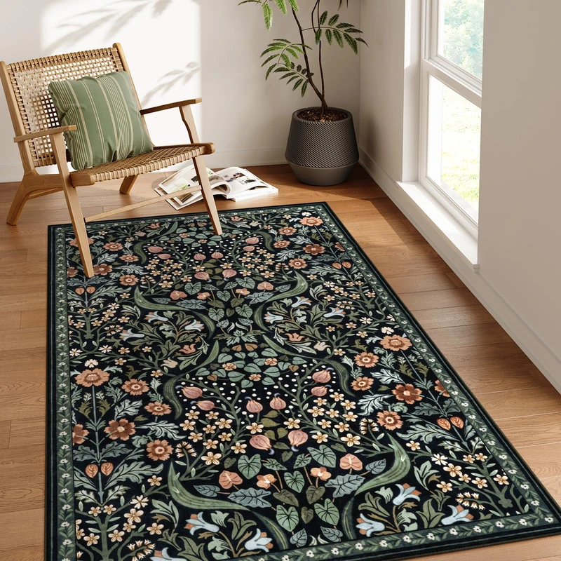 Moynesa Floral Area Rugs 4x6, Boho Washable Living Room Rugs, Non Slip Soft Rugs for Bedroom, Botanical Ultra Thin Entryway Throw Carpet for Kitchen Dorm Bathroom, Black