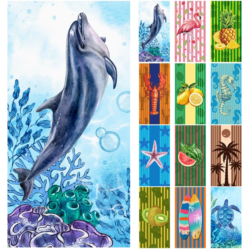 Windkream 12 Pcs Oversized Microfiber Beach Towels Set 30 x 60 Extra Large Fiber Swim Pool Towel Absorbent Bath Blanket for Travel Vacation Accessories Gift Spa Soft Lightweight (Tropical)