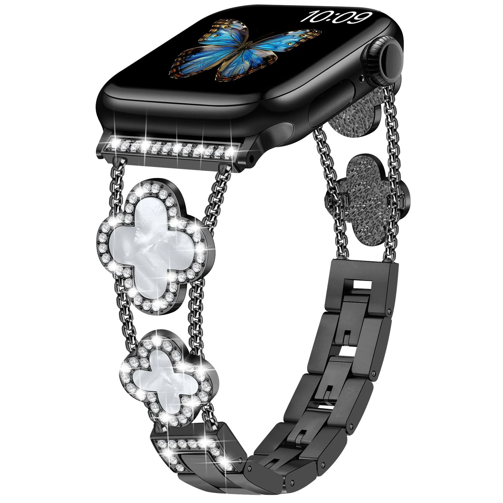 Sixmoat Straps Compatible with Apple Watch Strap for Women 38mm 40mm 41mm 42mm 44mm 45mm 46mm 49mm, Bling Bracelet Designer Dressy Clover for iWatch Band Series Ultra SE 11 10 9 8 7 6 5 4 3 (Black)