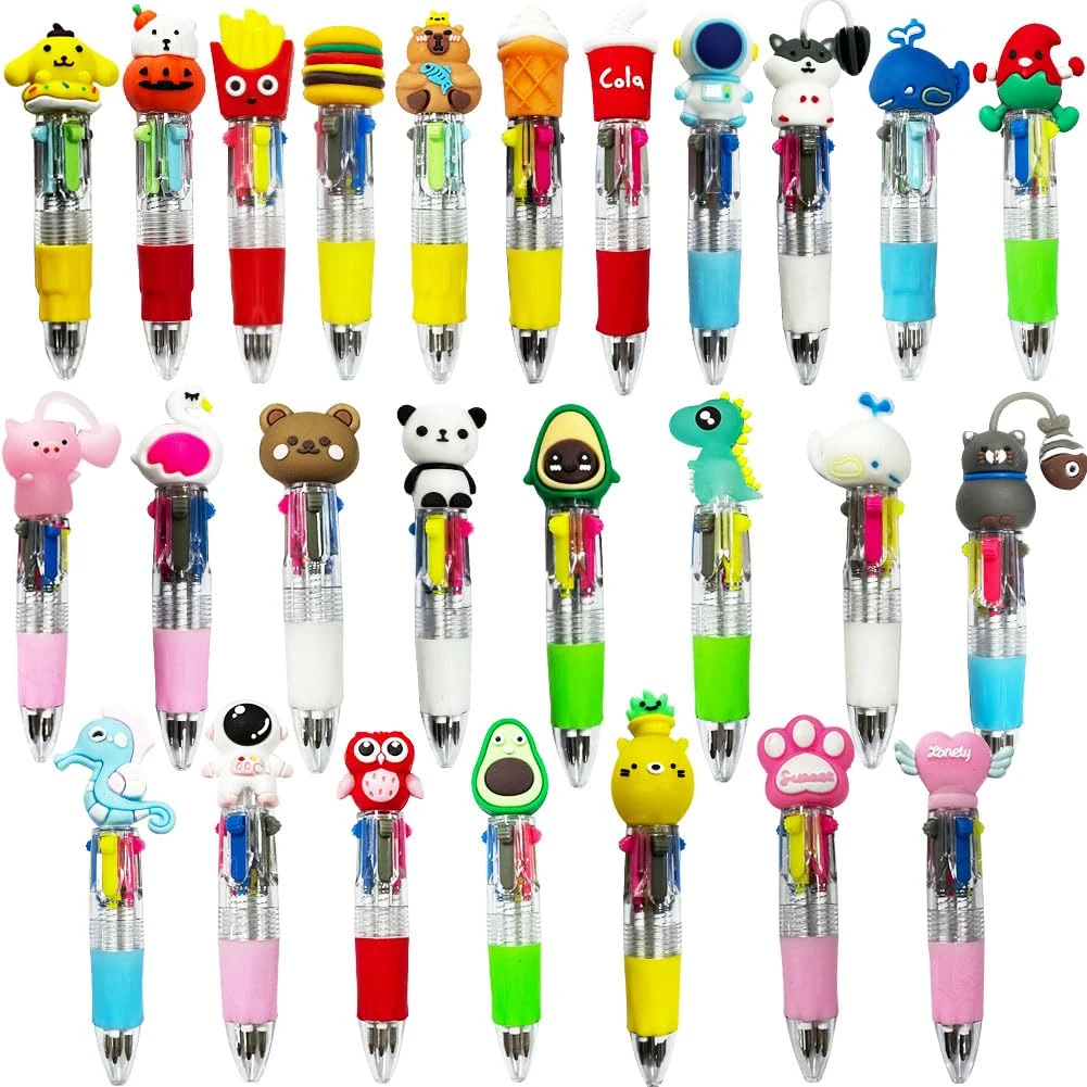 XYUXWLG Multicoloured Pens, 26 PCS Pens for Kids 4-Color Fun Cartoon Mini Retractable Ballpoint Pens, Party Bag Fillers for Kids Class School Supplies
