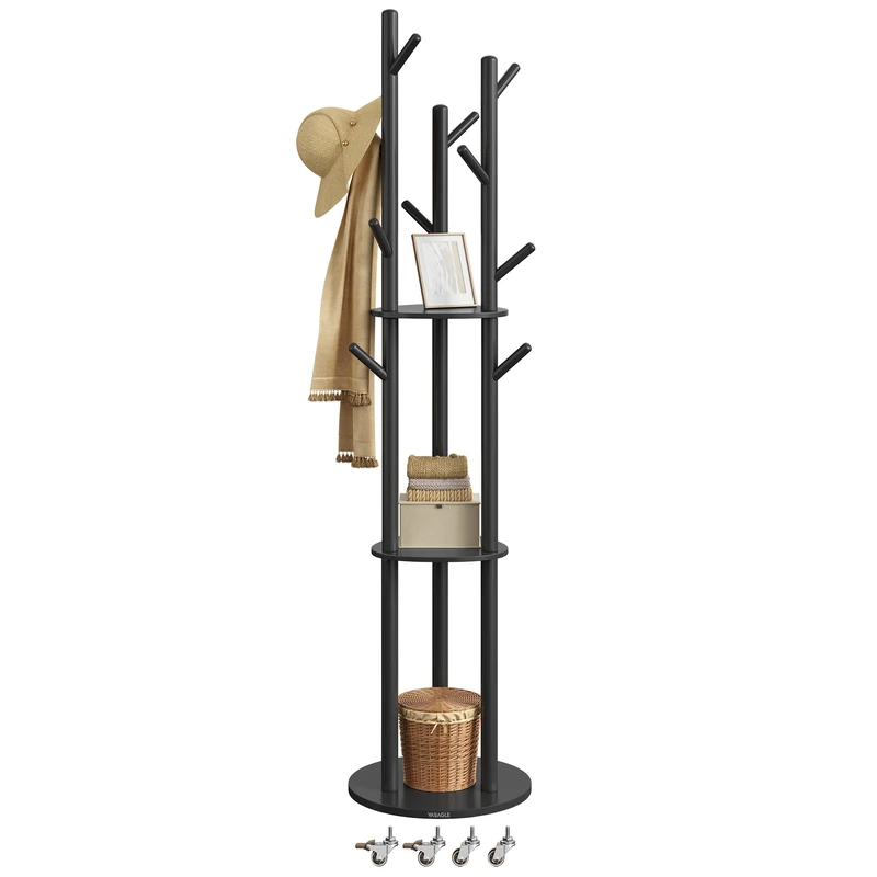 VASAGLE Freestanding Coat Rack Stand, Coat Tree with 11 Hooks, 3 Shelves, 4 Removable Wheels, for Hallway, Bedroom, Living Room, Ink Black RCR023B01 - Image 1