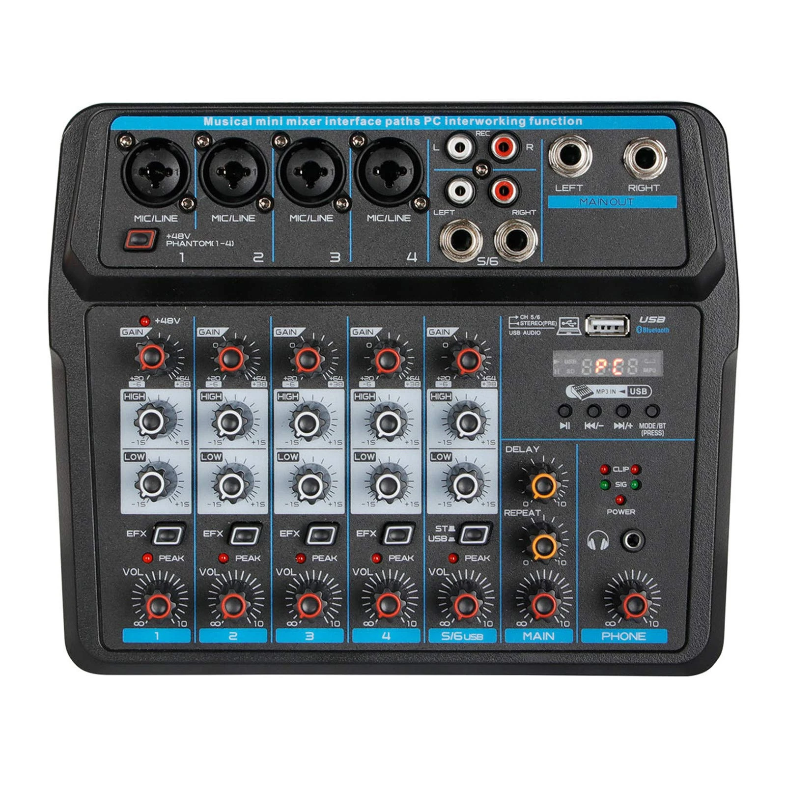 WDWDW Studio Mixing Desks,Live Mixers Bluetooth 4/6 channel mixer with sound card,home and civil stage,USB small Live Mixers DJ Mixer