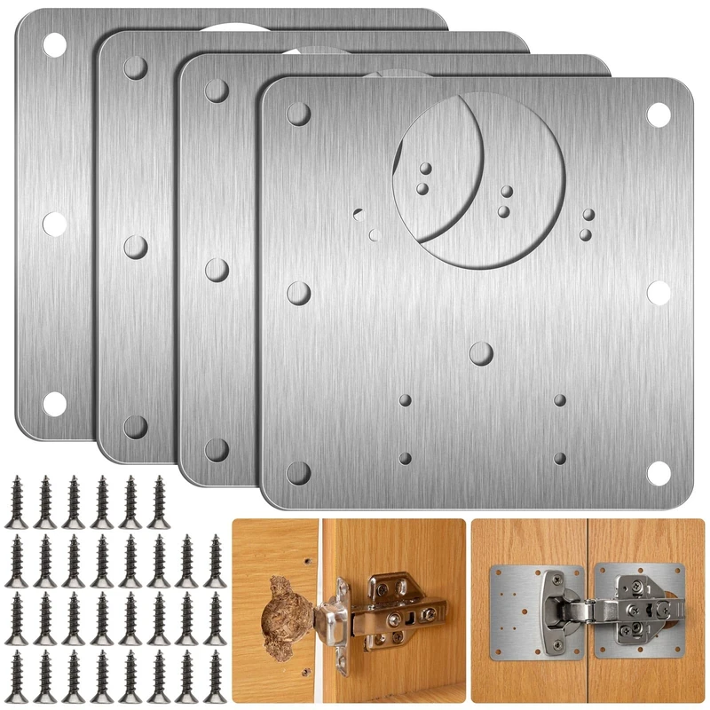 4 Pcs Hinge Repair Plate, Kitchen Cupboard Cabinets Door Hinge Repair Plate, Stainless Steel Hinges Repair Plates Brackets with Holes, Flat Fixing Joining Mending Plates Brackets with 32 Pcs Screws