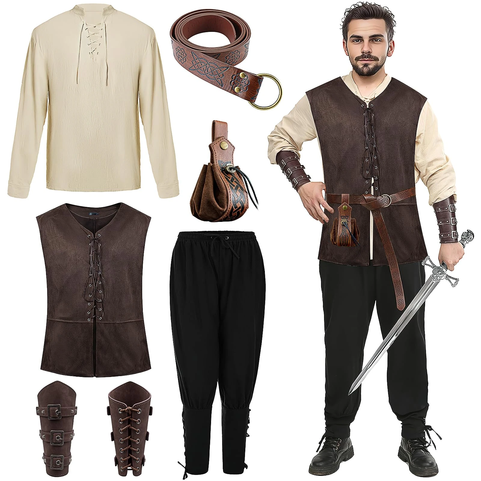 Men's Medieval Renaissance Costume Set - 6 Pcs Halloween Viking Outfit with Vest, Shirt, Ankle Banded Pants, Belt, Armband & Pouch (6, Large)