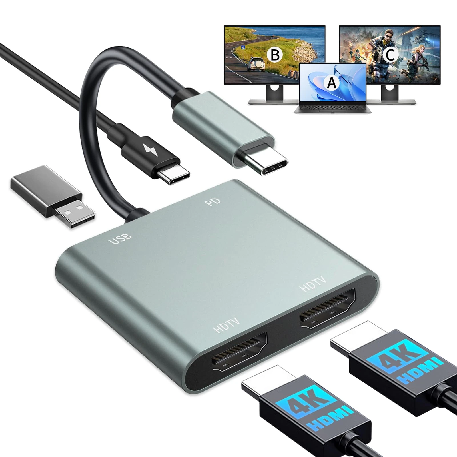 USB C to Dual HDMI Adapter, 4 in 1 HDMI Splitter for Dual Monitors 4K, USB 3.0, PD 100W, USB Type C to Dual Monitors Adapter Multiport for MacBook Pro/Air,USB C to HDMI Splitter Extended Display