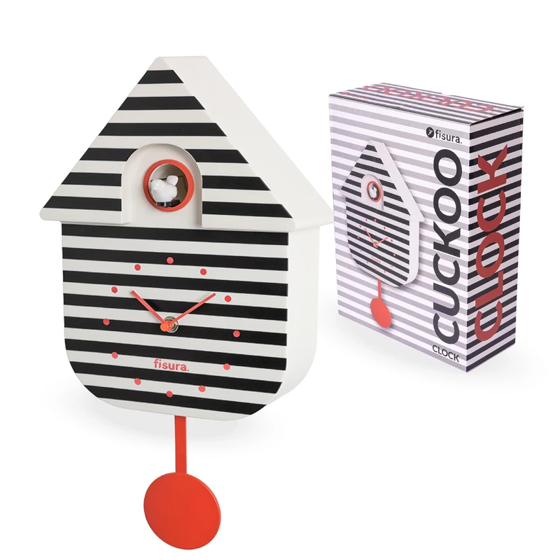 Fisura – Modern Cuckoo Clock with Stripes and Red Dial. Original Black and White Wall Clock. Decorative Gift. Requires 3 AA Batteries (Not Included). Dimensions: 21.5x8x41.5 cm. Made of ABS Plastic.