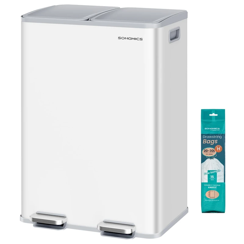 SONGMICS Kitchen Bin, 2 x 8 Gallon (2 x 30 L) Dual-Compartment Pedal Rubbish Bin with Soft-Close Lid and Inner Buckets, Steel, Includes 15 Liner Bags, Matte White LTB741W02