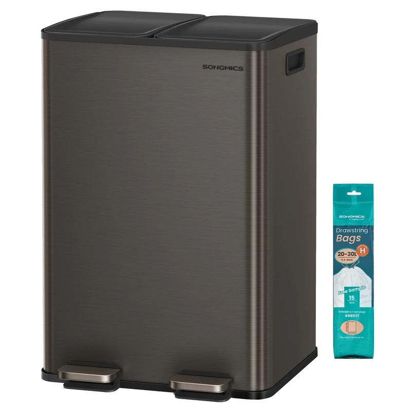 SONGMICS Kitchen Bin, 2 x 8 Gallon (2 x 30 L) Dual-Compartment Pedal Rubbish Bin with Soft-Close Lid and Inner Buckets, Steel, Includes 15 Liner Bags, Slate Grey LTB741G01