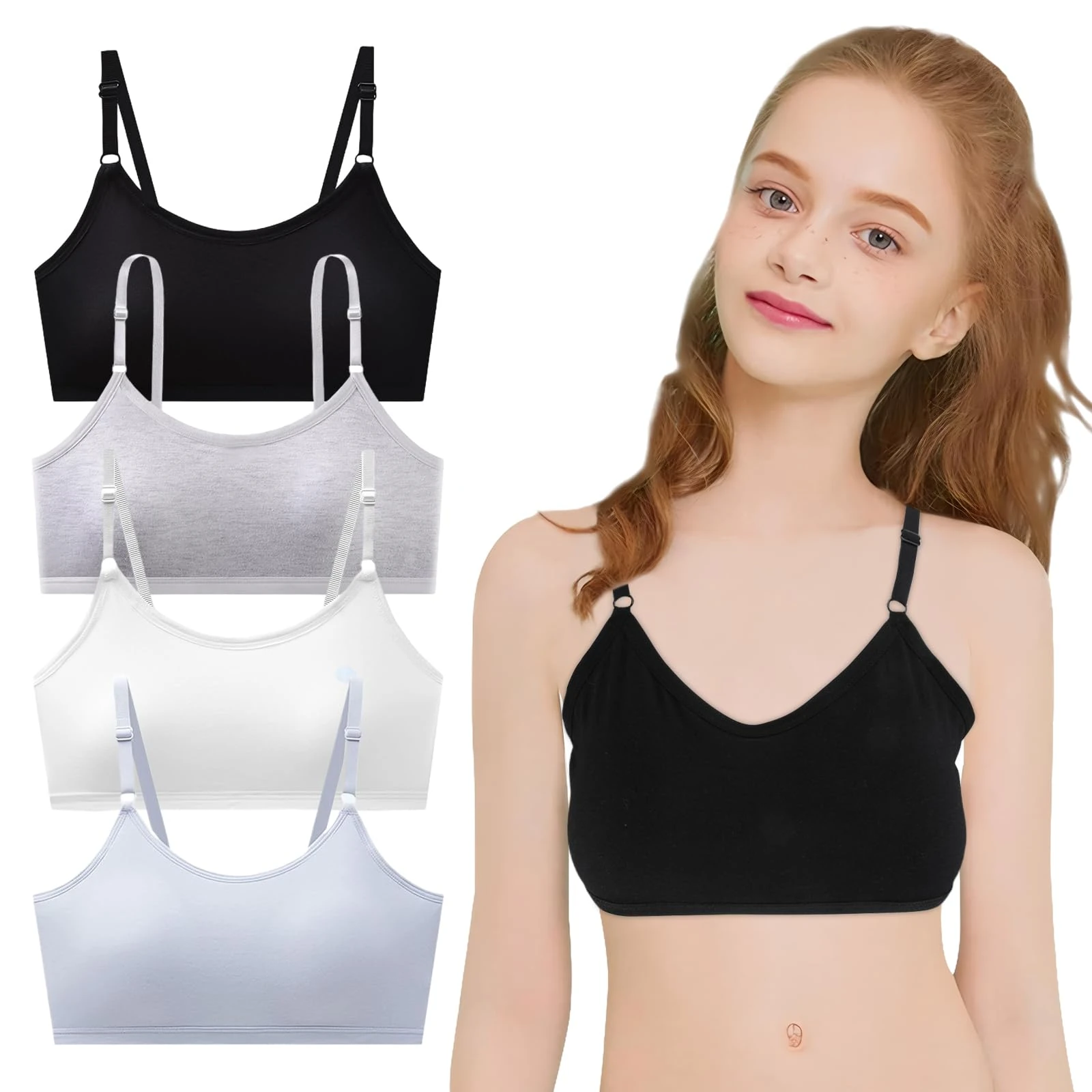 wlertcop 4 Pack Girls Sports Bra,Girls Bra Cotton,Cotton Training Bralette with Fixed Bust Pad and Adjustable Strap Wire Free Underwear Crop Top for Crop Top 10-16 Years
