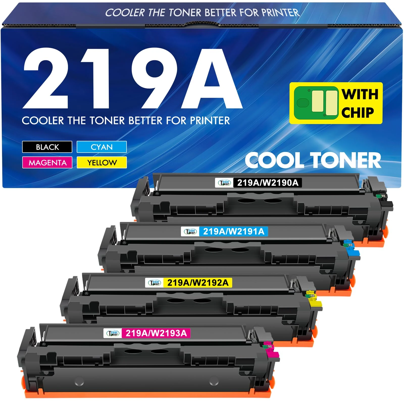 219A 219X MFP 3302FDW Toner With Chip: 4-Pack Compatible for HP 219A 219X for Color LaserJet Pro MFP 3302FDW 3302SDW 3302FDN 3302FDNG 3302FDWG 3302SDWG 3202DN 3202DW W2190A Black Cyan Yellow Magenta