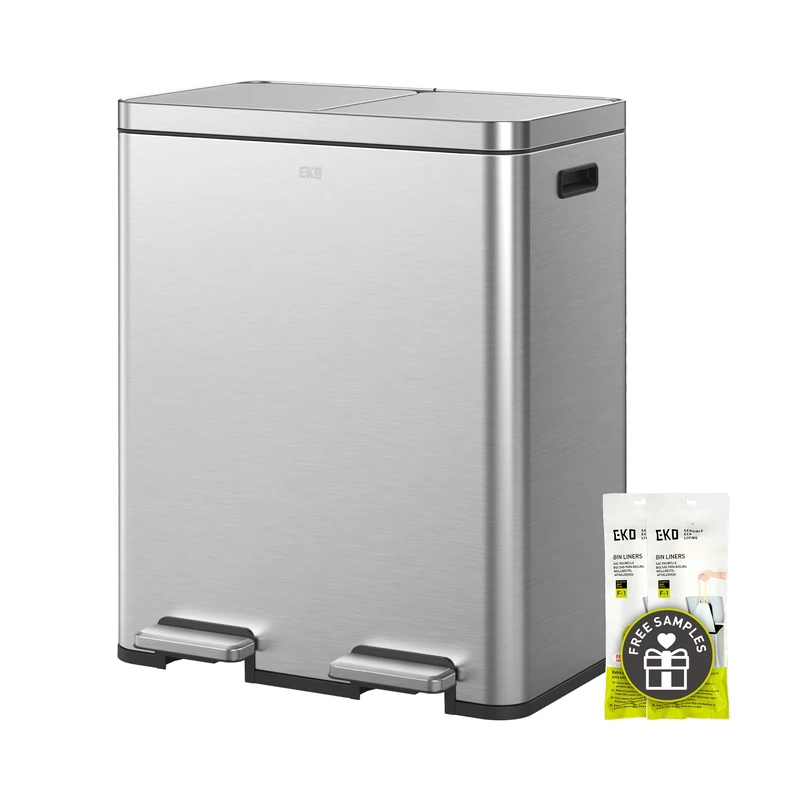 EKO Edison Dual Compartments Kitchen Bin for Recycling and waste, 2x30 Litre Rubbish Bin with Dual Removable Inner Buckets, Independent Metal Lids and Pedals, Matte Stainless Steel