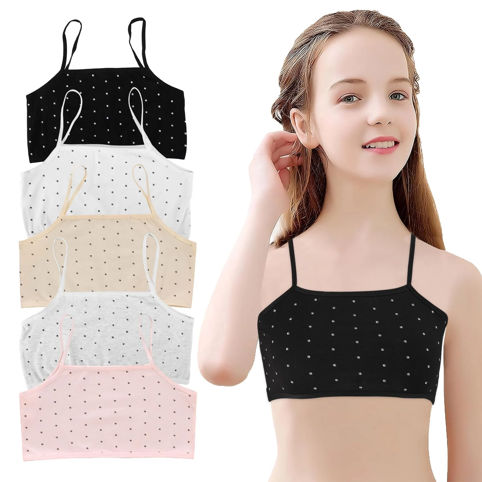 wlertcop 5 Pack Girls Sports Bra,Girls Bra Cotton,Cotton Training Bralette with Fixed Bust Pad and Adjustable Strap Wire Free Underwear Crop Top for Crop Top 8-12 Years