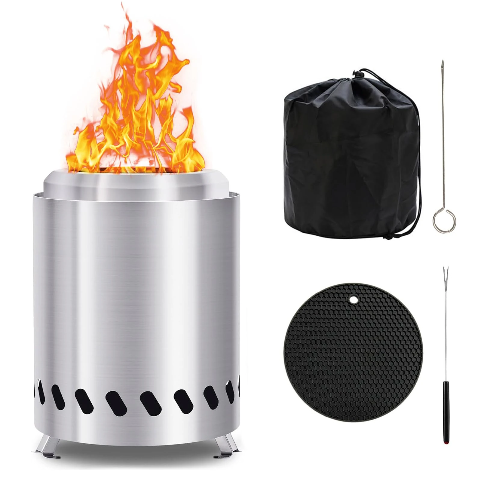 Smokeless Table Top Fire Pit, 2025 Portable Tabletop Fire Pits for Garden & Outdoor Use - Stainless Steel Small Fire Bowl Camping Stove with Travel Bag, Airflow Rack, Fork, Hook,and Heat-resistant Mat