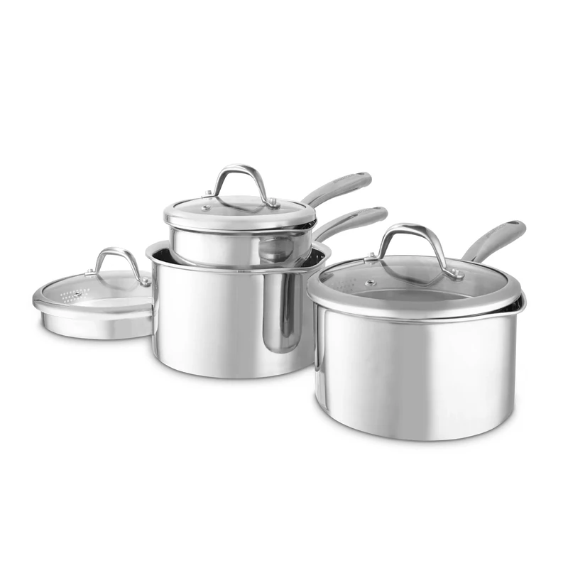 Good Food in Partnership with Tower Tri-Ply 3 Piece Saucepan Set with 16cm, 18cm & 20cm Saucepans with Tempered Glass Lids, Induction Compatible, Stainless Steel
