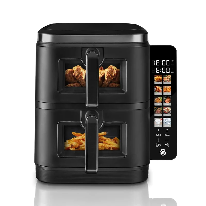 Swan SD10522BLK 11L Twin Stack Air Fryer, Swan Cyclone Technology, Two 5.5L Baskets, Space-Saving Vertical Stack Design, Foldable Digital Touch Display, Dual Cook Functions,10 Pre-Sets, 2800W Black